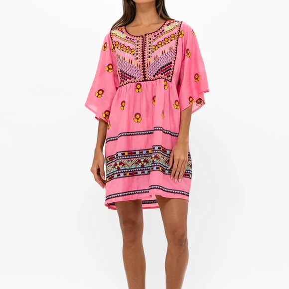 NWT OLIPHANT Kaftan Mini- Santa Fe Pink Floral Midi Embroidered Dress Size M - Picture 3 of 9